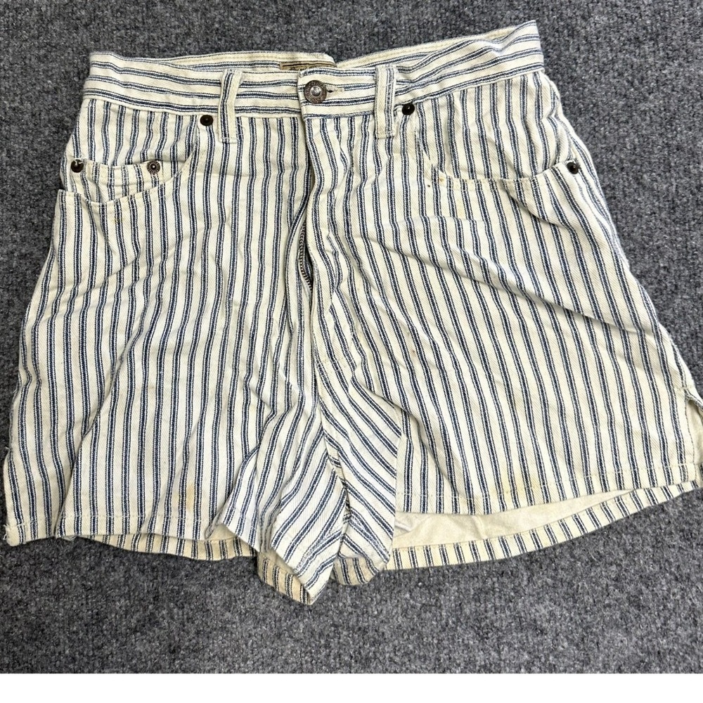 Hickory Stripe Shorts Womens Size 27 Blue White Denim Workwear Casual Stained